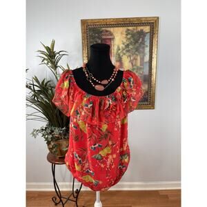 Sweet Pea Chiffon Blouse Womens XL Coral Red Floral Ruffle Neck Tropical Girly